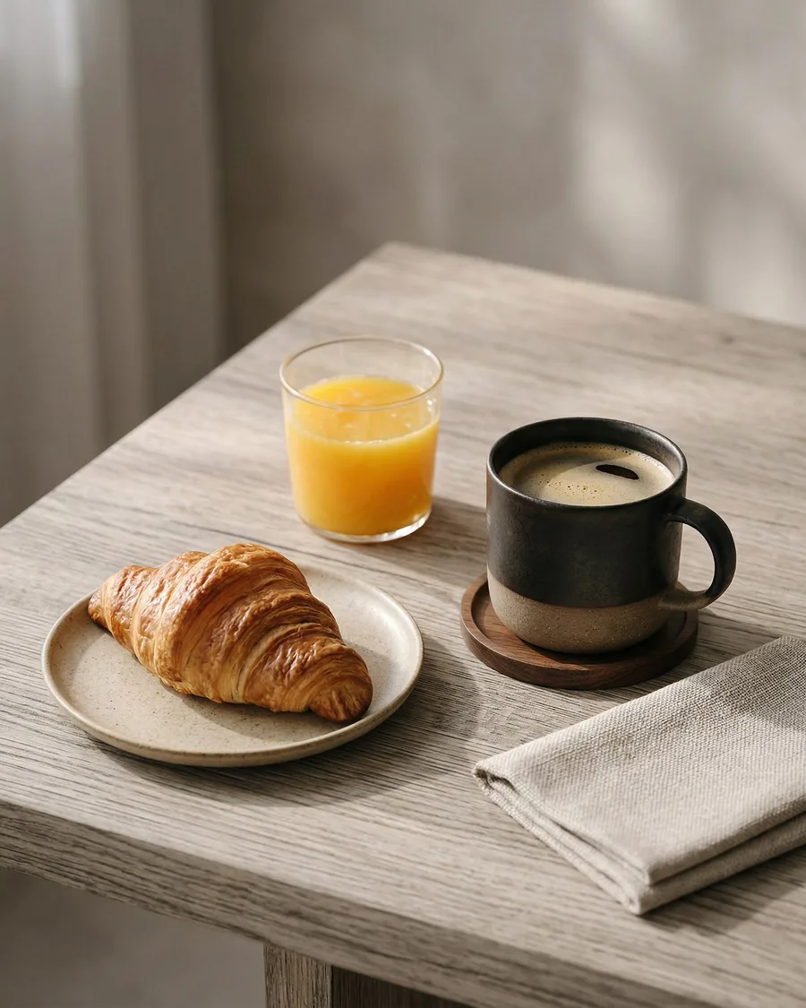 Croissant, Kaffee und Orangensaft, Motiv aus der B&auml;ckerei-Bildserie