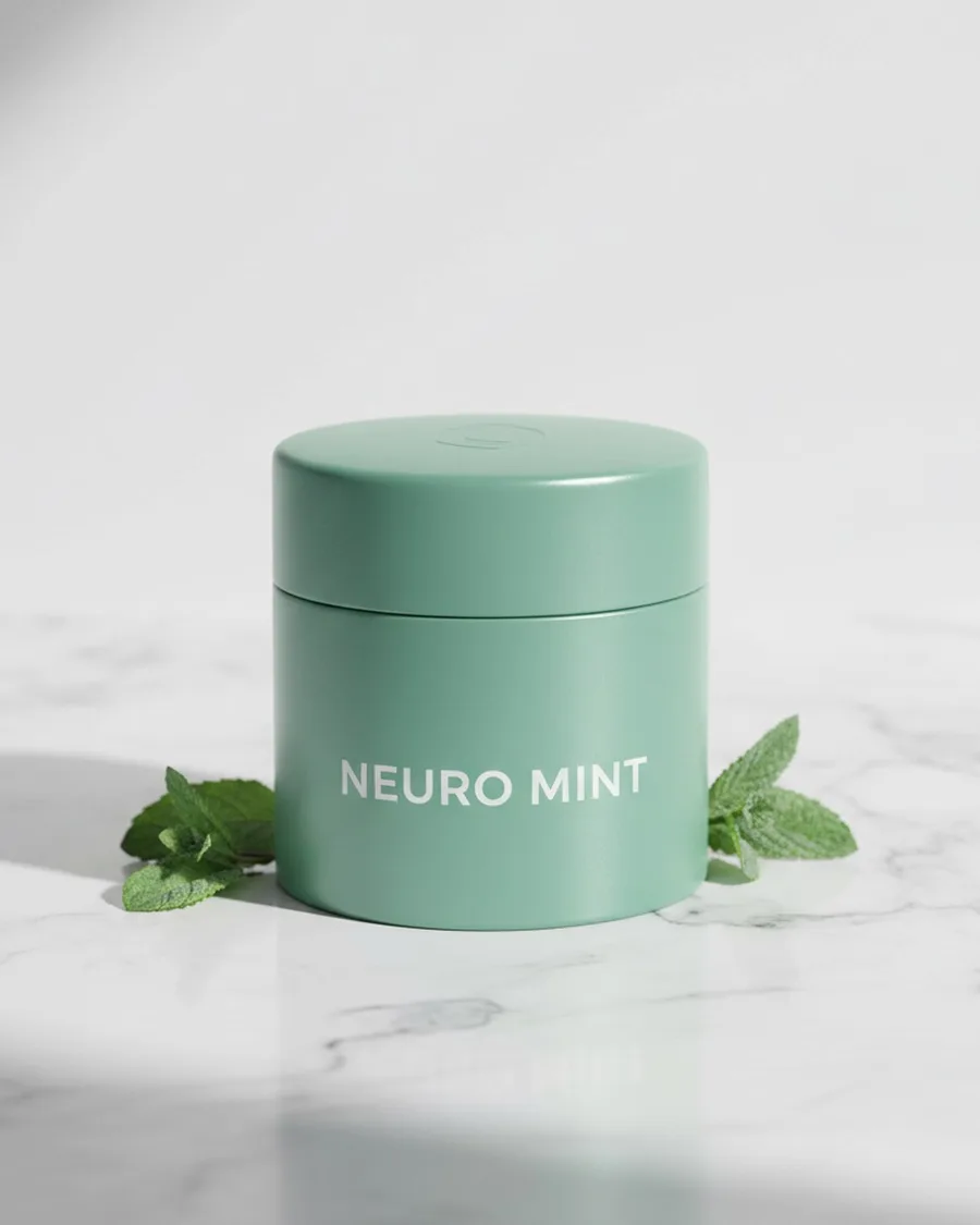Neuro-Mint-Dose auf Marmor, Frame aus dem fertigen Werbeclip